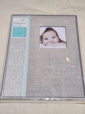 Gibson Gray Fabric Baby Memory Book with Pastel Leaf Embroidery
